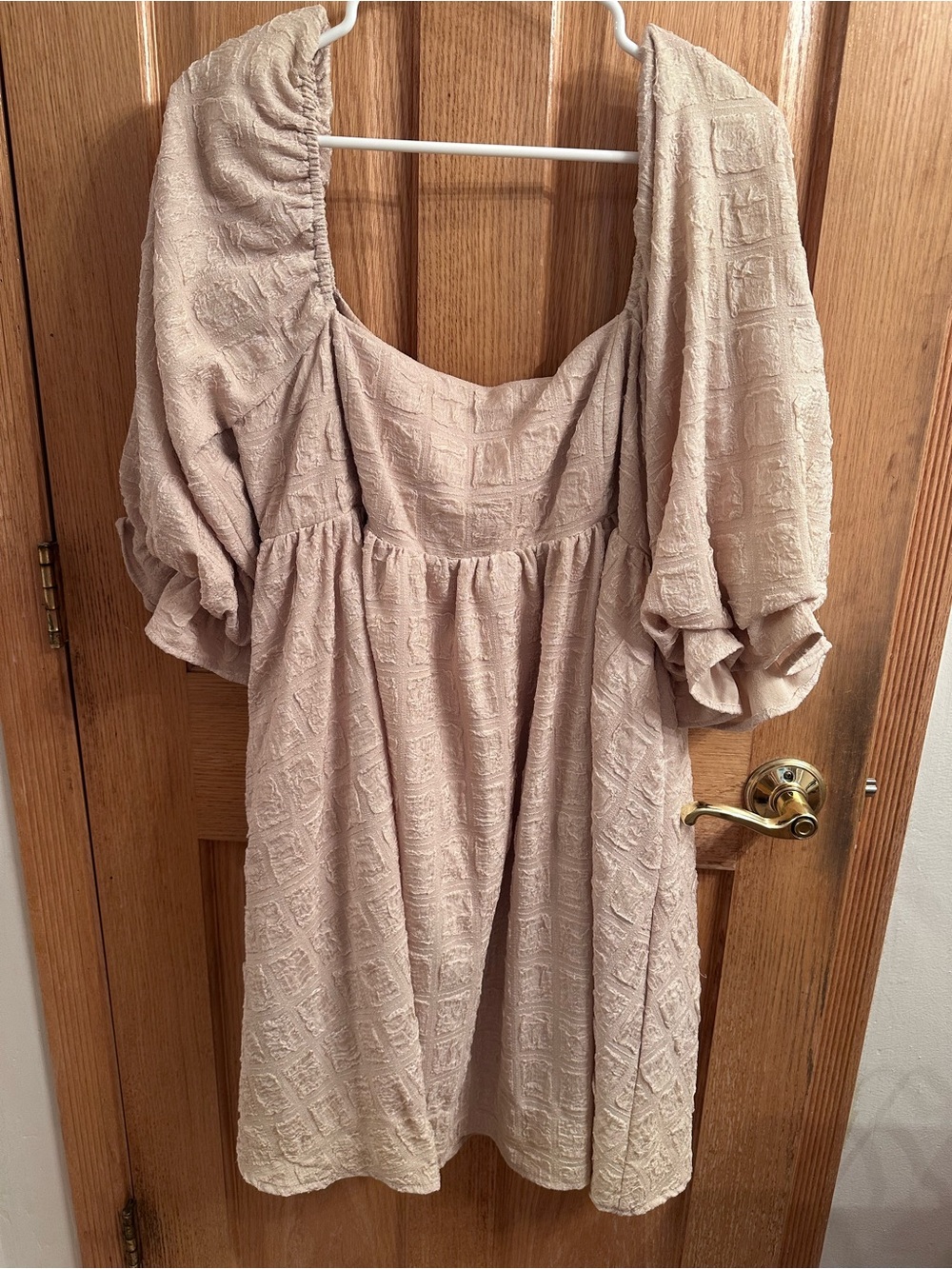Textured Cream Mini Dress with Puff Sleeves